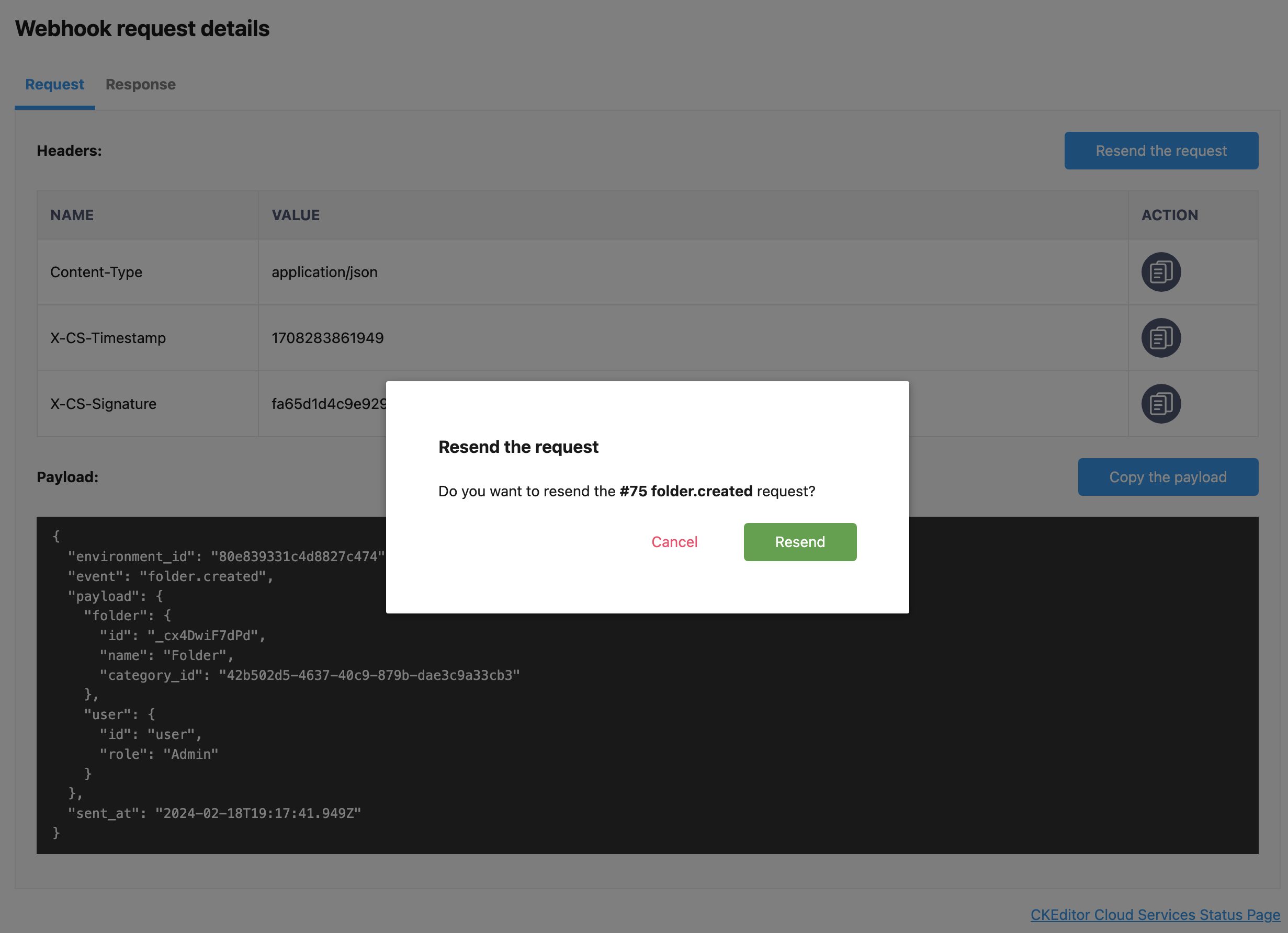 Webhook’s request resent confirmation in the CKEditor Ecosystem customer dashboard.
