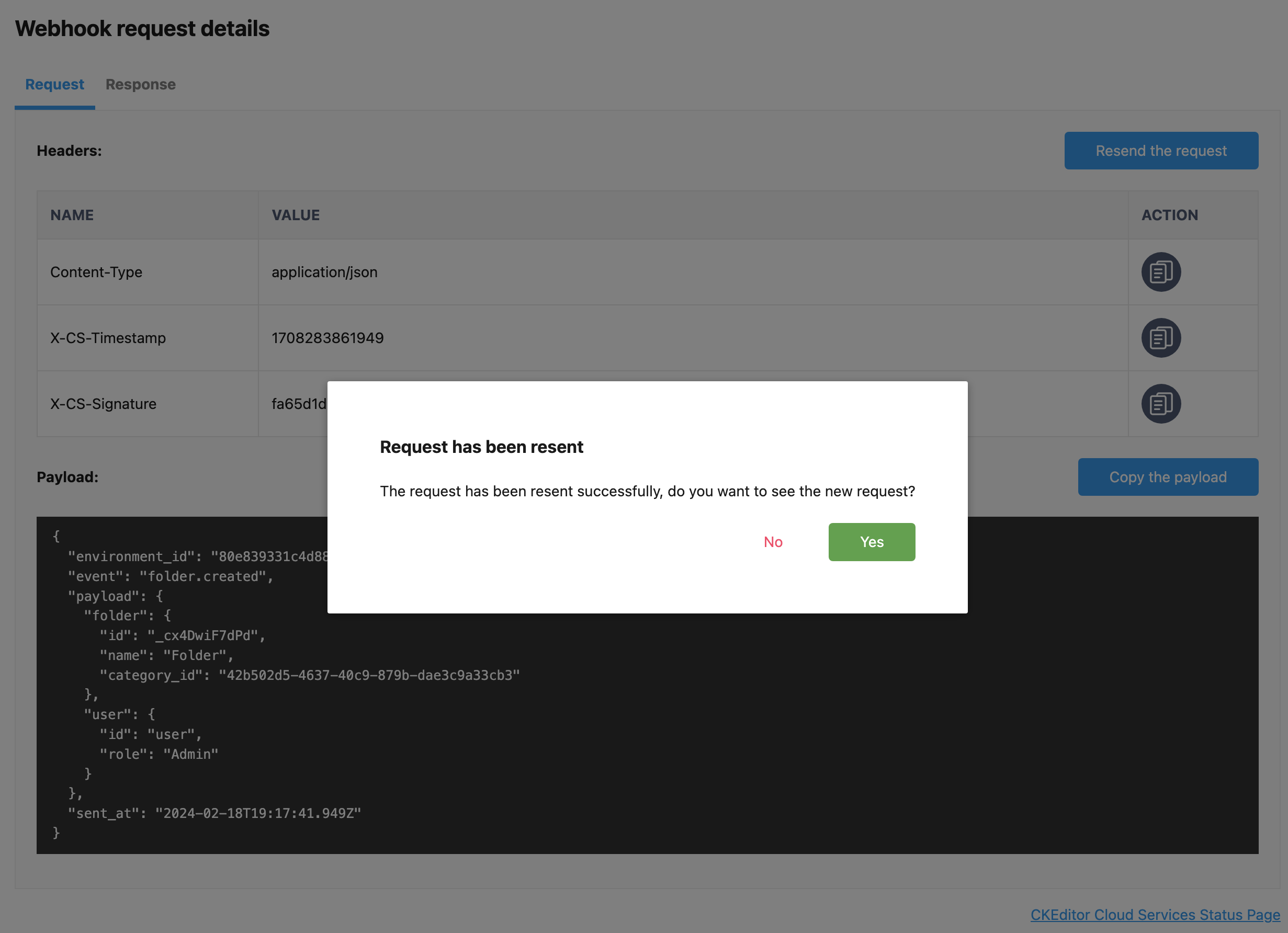 Webhook’s request resent confirmation in the CKEditor Ecosystem customer dashboard.